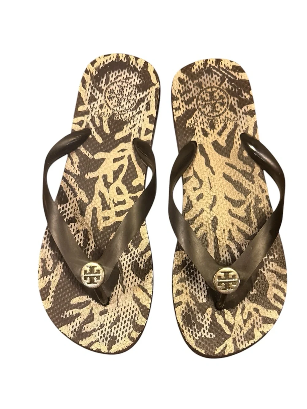 Tory Burch Black Tan Animal Print Gold Logo Flip Flop Sandals Size 7